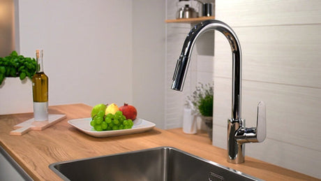 Hansgrohe focus m41 - bateria kuchenna - sterowanie jednouchwytowe - 240mm - wyciągana wylewka - stal nierdzewna - 2 rodzaje strumienia