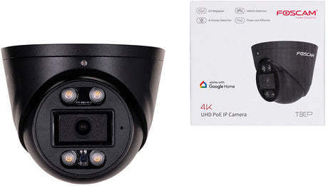 Zewnętrzna kamera bezpieczeństwa Foscam T8EP - Kamera wieżyczkowa 4K 8MP Poe - aktywny środek odstraszający z reflektorem i syreną - wykrywanie osób i pojazdów - 2-kierunkowe audio - IP66 - czarny