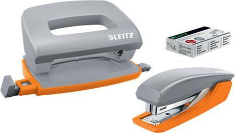 Mini zszywacz Leitz + dziurkacz - zszywa do 10 kartek - do teczek i segregatorów - w tym zszywki - idealny do szkoły lub nauki - szary pomarańczowy