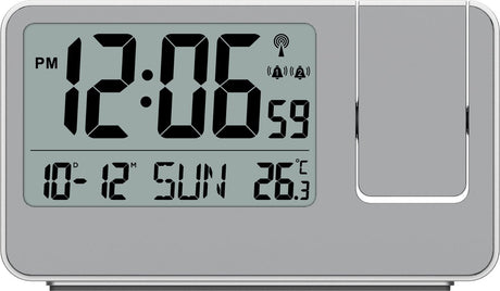 Technoline wt 534 - budzik - budzik projekcyjny (180°) - cyfrowy - prostokąt - radiowy wyświetlacz czasu - 12 24h - wyświetlacz daty - temperatura wewnętrzna - 12 24 - 2 alarmy - drzemka - plastik - cyfry - kolor srebrny
