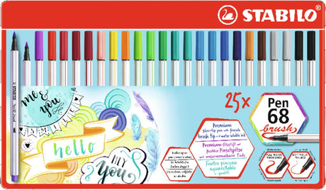 Stabilo pen 68 brush - premium brush viltstift - met flexibele penseelpunt - metalen etui met 25 kleuren