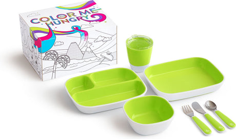 Zestaw zastawy stołowej dla dzieci Munchkin - zestaw powitalny Colorme głodny - zestaw upominkowy dla dzieci - 7-częściowy zestaw do jadalni - talerze, miski, łyżki i widelce - prezent ciążowy - zielony