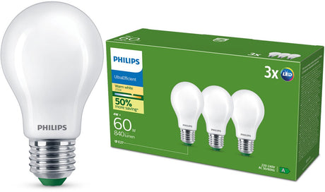 Philips led philips ultraefficient led lamp mat - 60w - e27 fitting - warmwit licht; 2700k - ultra efficiënt: energielabel a - 3-pack