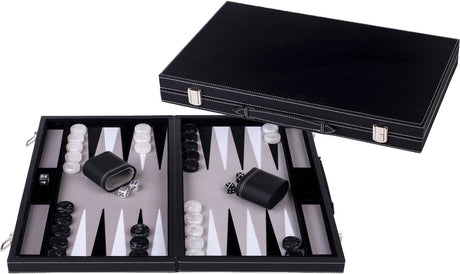 Engelhart backgammon 18 inch - grijs, zwart wit ingelegd bord - luxe zwarte koffer met handvat -