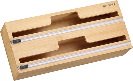 Uchwyt na rolkę folii Westmark z ząbkowaną krawędzią - uchwyt na rolkę folii aluminiowej i spożywczej z ząbkowaną krawędzią, łatwe rozdzieranie folii bez rozrywania, rolki do 31 cm - bambus