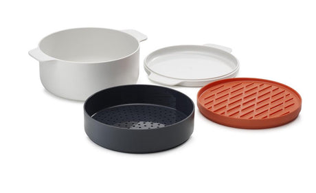 Zestaw do gotowania w kuchence mikrofalowej Joseph Joseph M-Cuisine – 4-częściowy zestaw do układania w stosy z wkładem do gotowania na parze, grillem i garnkiem do gotowania o pojemności 2 l