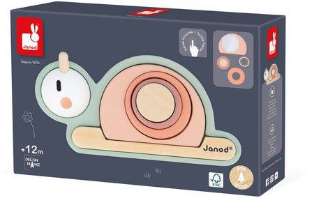 Słodki kokon Janod - sensoryczny drewniany ślimak - składa się jak puzzle z 6 drewnianych elementów - 4 sensoryczne elementy można odkryć własnymi rękami! - odpowiedni od 12 miesięcy