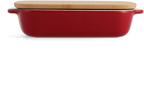 Naczynie do pieczenia Kitchenaid z pokrywką bambusową - małe: 0,9 l - można używać w kuchence mikrofalowej i piekarniku do 260°C bez pokrywki - czerwony cesarski