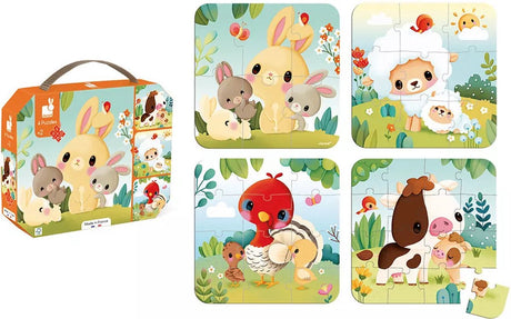 Janod - puzzle kartonowe - 4 puzzle farma po 6, 9, 12 i 16 elementów