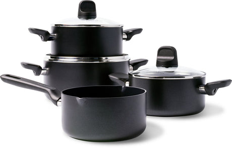 Zestaw patelni Greenpan Memphis 7-częściowy - 16 18 20 24cm - 1,6 2,1 3,1 4,9l - powłoka nieprzywierająca niezawierająca pfas - patelnia indukcyjna - patelnia ceramiczna - nadaje się do piekarnika do 160°c - zimne uchwyty - ze szklaną pokrywą - czarny
