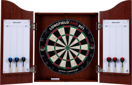 Engelhart longfield darts - houten dartkabinet bruin met dartbord – inclusief 6 steeltip dartpijlen - whiteboard + marker - wedstrijdbord – dartkabinet - bruin - houten kabinet – dartset - beschermt de muur - makkelijk te installeren
