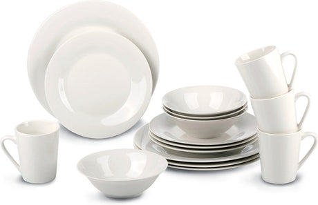Zestaw zastawy stołowej Alpina 16-częściowy - zestaw talerzy obiadowych dla 4 osób - zastawa ceramiczna - talerze obiadowe, talerze deserowe, miski i kubki - można używać w kuchence mikrofalowej i myć w zmywarce - biały
