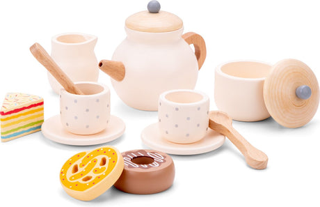 Woet ® houten theeservies crème - 14-delige theeset met theepot, kopjes en gebakjes - rollenspel servies speelgoed - vanaf 2 jaar