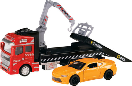 Laweta z metalowym podnośnikiem Toi-toys i przyczepą do holowania, 2 sztuki.