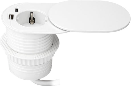 Wbudowana listwa zasilająca Orno - rozsuwana wtyczka dystrybucyjna z 1 gniazdem - USB A C - listwa zasilająca ø 60 mm z kablem o długości 1,9 m - uziemiona - biała