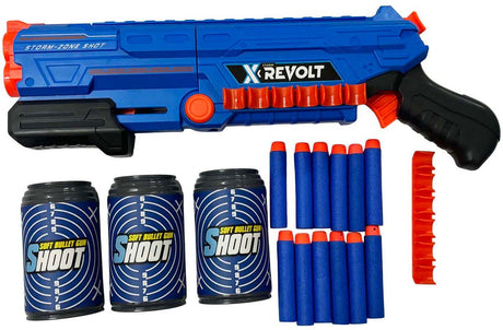 Zabawki Lobbesa, np. Shooter x Revolt - z 12 miękkimi strzałami i 3 puszkami