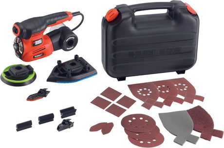 Szlifierka uniwersalna Black+decker ka280k 220w 4w1 | płaska, detaliczna i mimośrodowa podeszwa szlifierska | 4x punkty profilowe | 1x palec szlifierski | 14x arkuszy ściernych | w przypadku - ka280k-qs