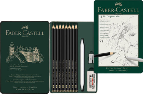 Zestaw ołówków grafitowych Faber-castell - pitt mat - 8 sztuk + gumka + piórko + temperówka - czarny mat - fc-115220