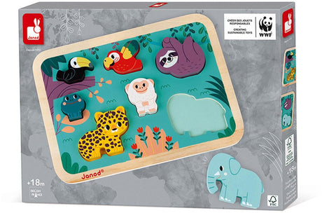 Janod wwf – grube puzzle w dżungli – we współpracy z wwf® – 7 dużych elementów w kształcie zwierząt zachęca dziecko do wymyślania zabawnych historii – odpowiedni od 18 miesiąca życia