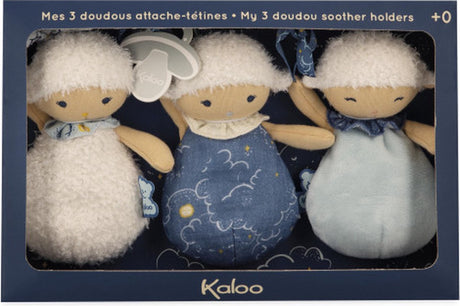 Kaloo doux sommeil - 3 owieczki doudou dla owiec - trzy uchwyty na smoczki dla owiec, każdy z inną cechą i kolorem, dzięki czemu dziecko może używać go jako przytulanki, ale smoczek można również przyczepić do delikatnej wstążki