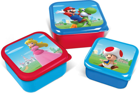 Stor Pudełka na przekąski 3 w 1 Super Mario firmy Nintendo - 3 rozmiary - kwadratowe - szczelnie zamykane - pudełka na kanapki dla dzieci - luźne wieczko - odpowiednie na ciasteczka, owoce i przekąski - niebiesko-czerwony