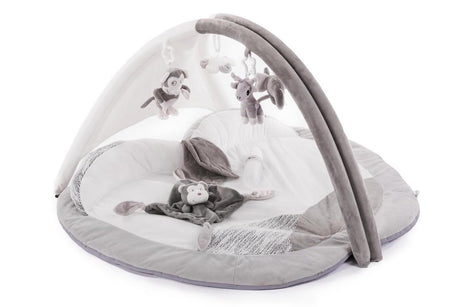 Bo Jungle – mata do zabawy dla dzieci z łukiem do zabawy – składana z torbą do przechowywania – gimnastyka dla dzieci – miękka tkanina – 4 przytulanki – 90 x 60 cm – sala gimnastyczna szare jabłko – dywan do zabawy