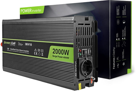 Falownik Green Cell Inv10 2000W - 12V do 230V - zmodyfikowana fala sinusoidalna