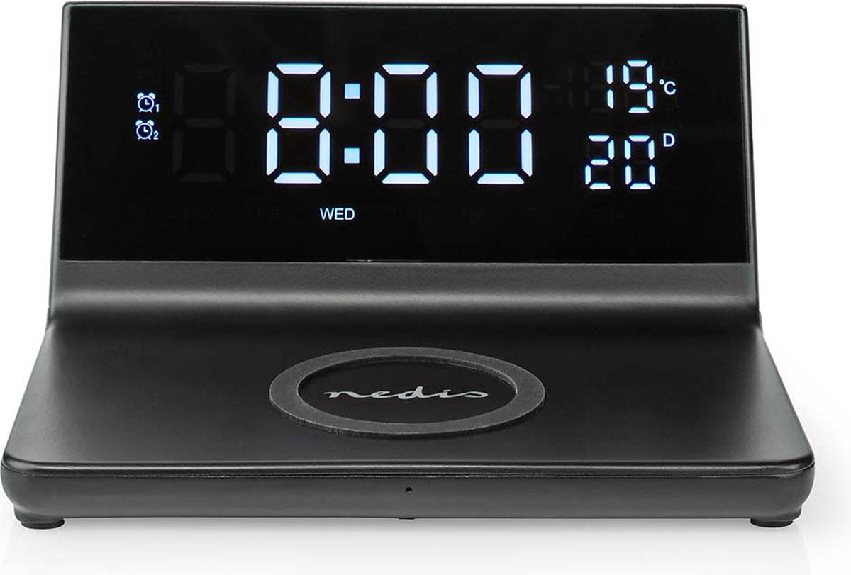 Budzik Nedis z bezprzewodową ładowarką - Certyfikat Qi - 5 7,5 10 15 W - USB-A męski - 2 czasy budzenia - funkcja drzemki