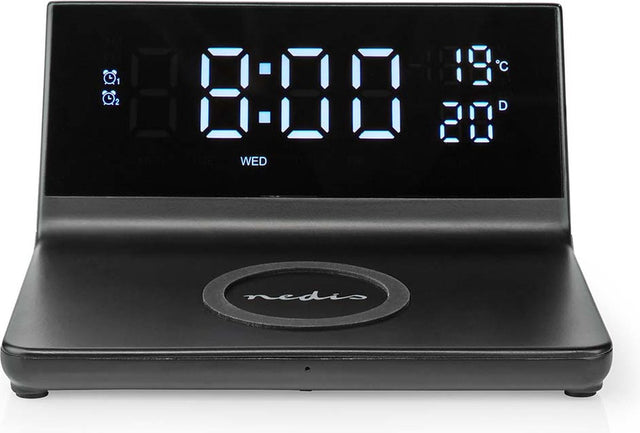 Budzik Nedis z bezprzewodową ładowarką - Certyfikat Qi - 5 7,5 10 15 W - USB-A męski - 2 czasy budzenia - funkcja drzemki