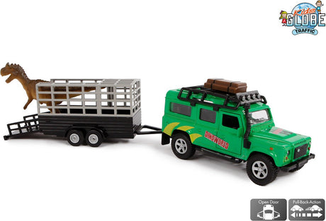 Odlewany ciśnieniowo Land Rover dla dzieci z przyczepką dinozaura, 29 cm