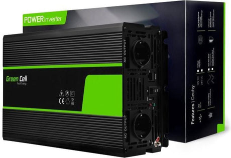 Falownik Green Cell 12 V do 230 V o mocy 1500 W czystej fali sinusoidalnej.