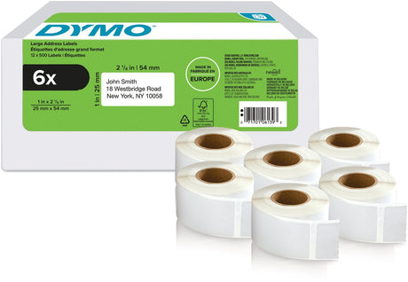 Dymo originele labelwriter adreslabels voor retouren | 25 mm x 54 mm |6 met elk 500 labels (3.000 zelfklevende etiketten) | geschikt voor de labelwriter labelprinters | gemaakt in europa