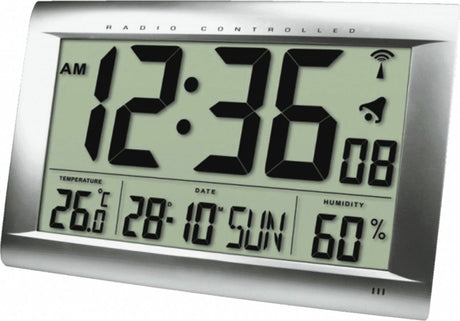 Technoline ws 8009 - zegar ścienny - zegar stołowy - prostokąt - radiowy wyświetlacz czasu - 12 24h - wyświetlacz daty - alarm - temperatura wewnętrzna - wilgotność - kolor srebrny - 407 x 43 x 270 m