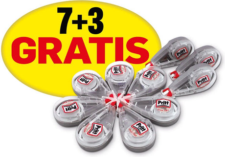 Zestaw mini korektorów Pritt: 10 sztuk | dodatkowe 3 sztuki gratis | szerokość 4,2 mm i długość 7 metrów | zapakowany w poręczną plastikową torbę ułatwiającą użytkowanie.