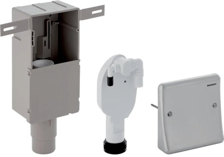 Syfon do zabudowy Geberit uniflex do urządzeń 50 x 56 mm - z dwoma króćcami przyłączeniowymi - puszką podtynkową i pokrywą