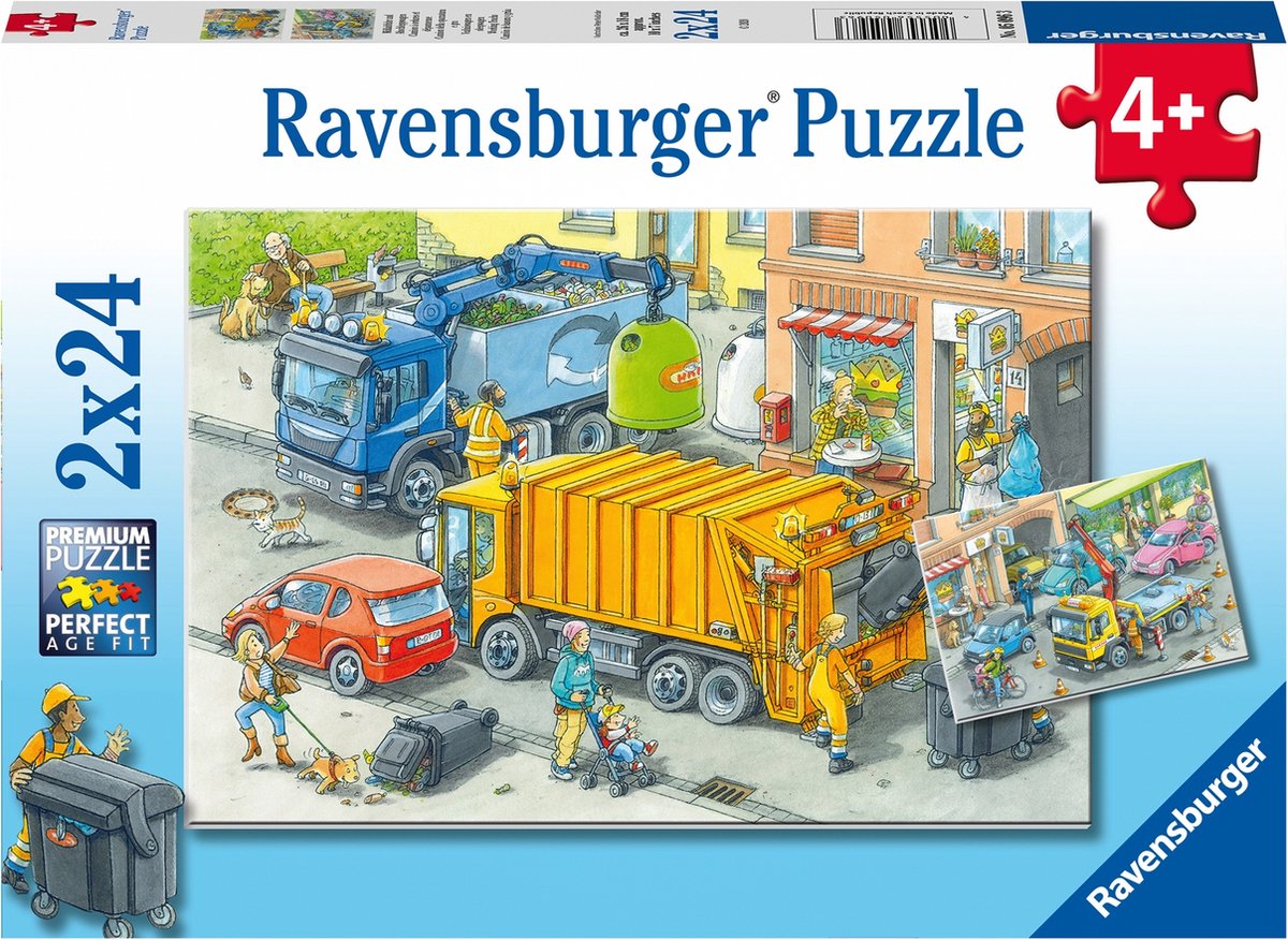 Puzzle Ravensburger ze śmieciarką i lawetą - 2 x 24 elementy
