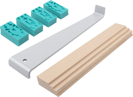 Wolfcraft - zestaw do układania laminatu - kompletny zestaw do układania PCV - drążek do ciągnięcia - drewno do odbijania - kliny regulacyjne - 22 sztuki - 6931000