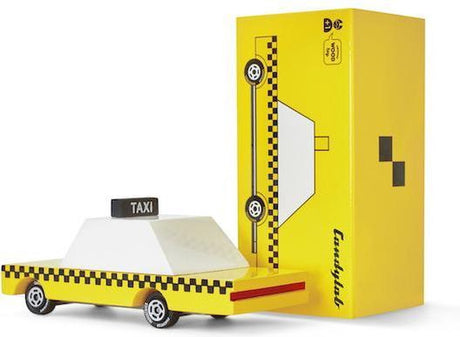 Candylab Toys Candycar World: żółta taksówka (f102) 8,9x4,1x2,5cm, odlew drewniany, w pudełku upominkowym, 3+