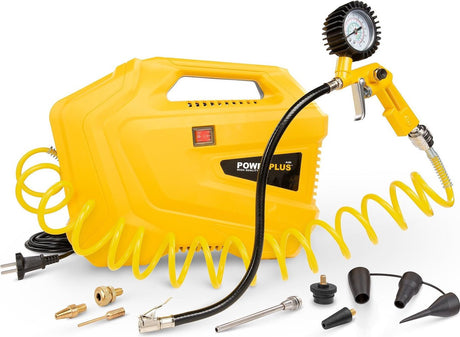 Sprężarka Powerplus powx1706 - sprężarka powietrza o mocy 1100W, 8 bar, wąż 3m - w komplecie. 11 akcesoriów