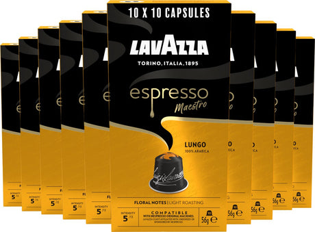 Filiżanki do kawy espresso Lungo Lavazza - 100 filiżanek nespresso - 100% kawa arabica - intensywność: 5 13 - 10 x 10 kapsułek aluminiowych