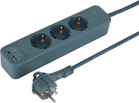 Q-link stekkerdoos 3-voudig met randaarde - platte stekker - usb a c aansluiting - 2 usb-poorten - textiel kabel van 1.5 meter - met schakelaar - max. 3680 watt - petrol
