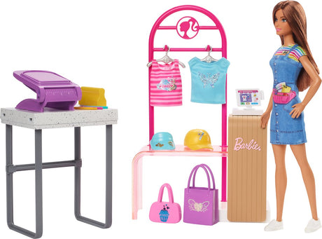 Sklep Barbie - butik do robienia i sprzedaży, zestaw do zabawy z stojakiem i folią - lalka