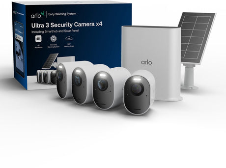 Kamera bezpieczeństwa Arlo ultra3 4k + panel słoneczny – zestaw 4 kamer (w tym inteligentny koncentrator)