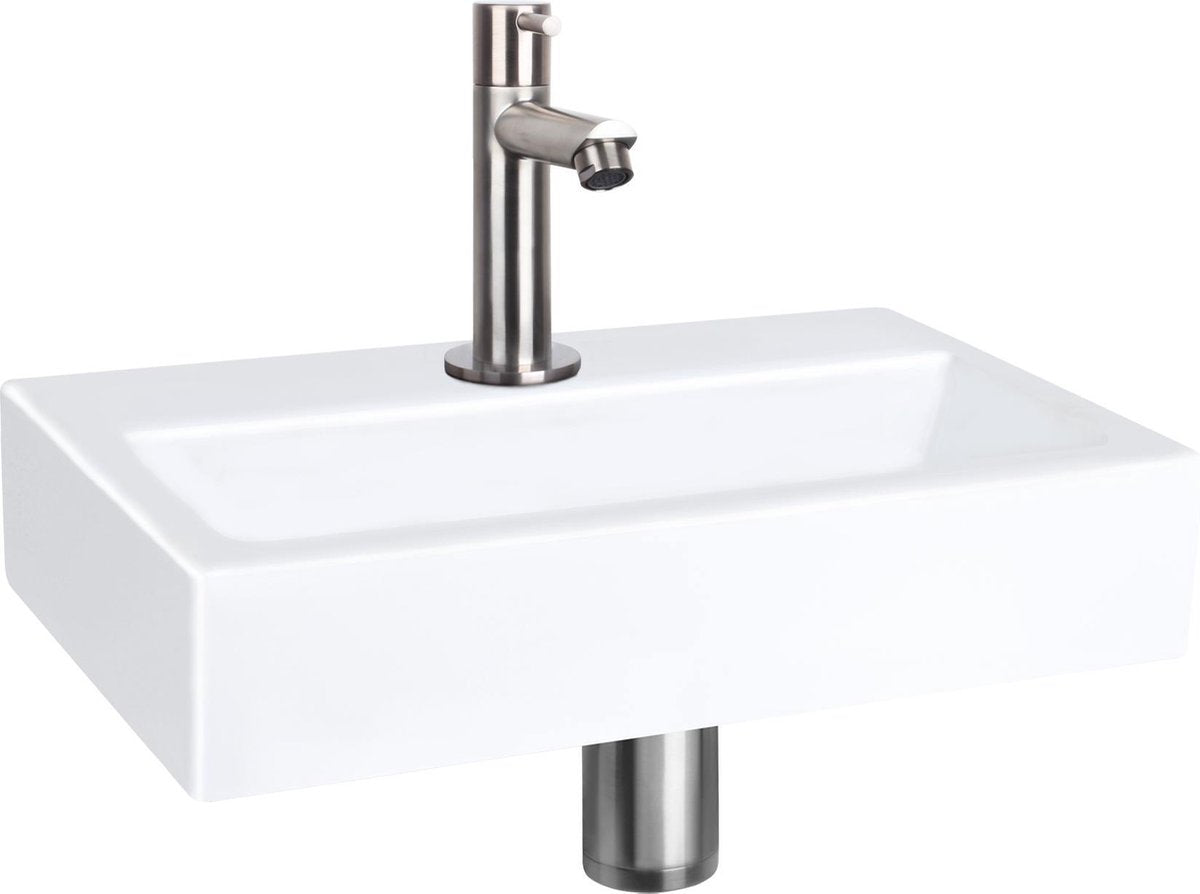 Zestaw fontann płaskich Differnz - ceramiczny - kran prosty matowy chrom - 38 x 24 x 7 cm
