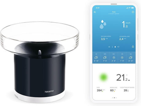 Inteligentny deszczomierz Netatmo - bezprzewodowy miernik opadów do stacji pogodowej - współpracuje z Google Home Alexa - z aplikacją - czarny