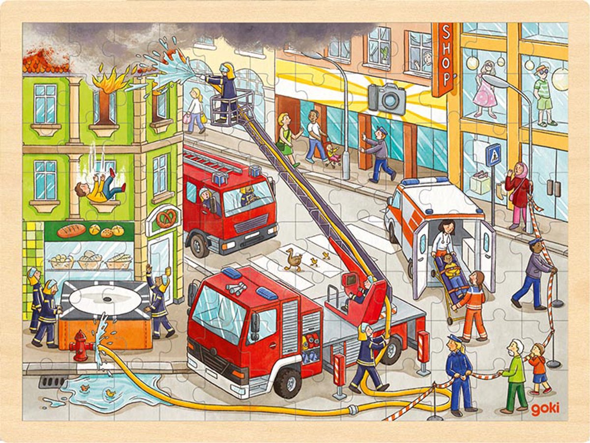 Puzzle Goki: straż pożarna 40x30x0,8cm, 96 elementów, drewno, 3+