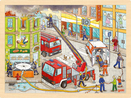 Puzzle Goki: straż pożarna 40x30x0,8cm, 96 elementów, drewno, 3+