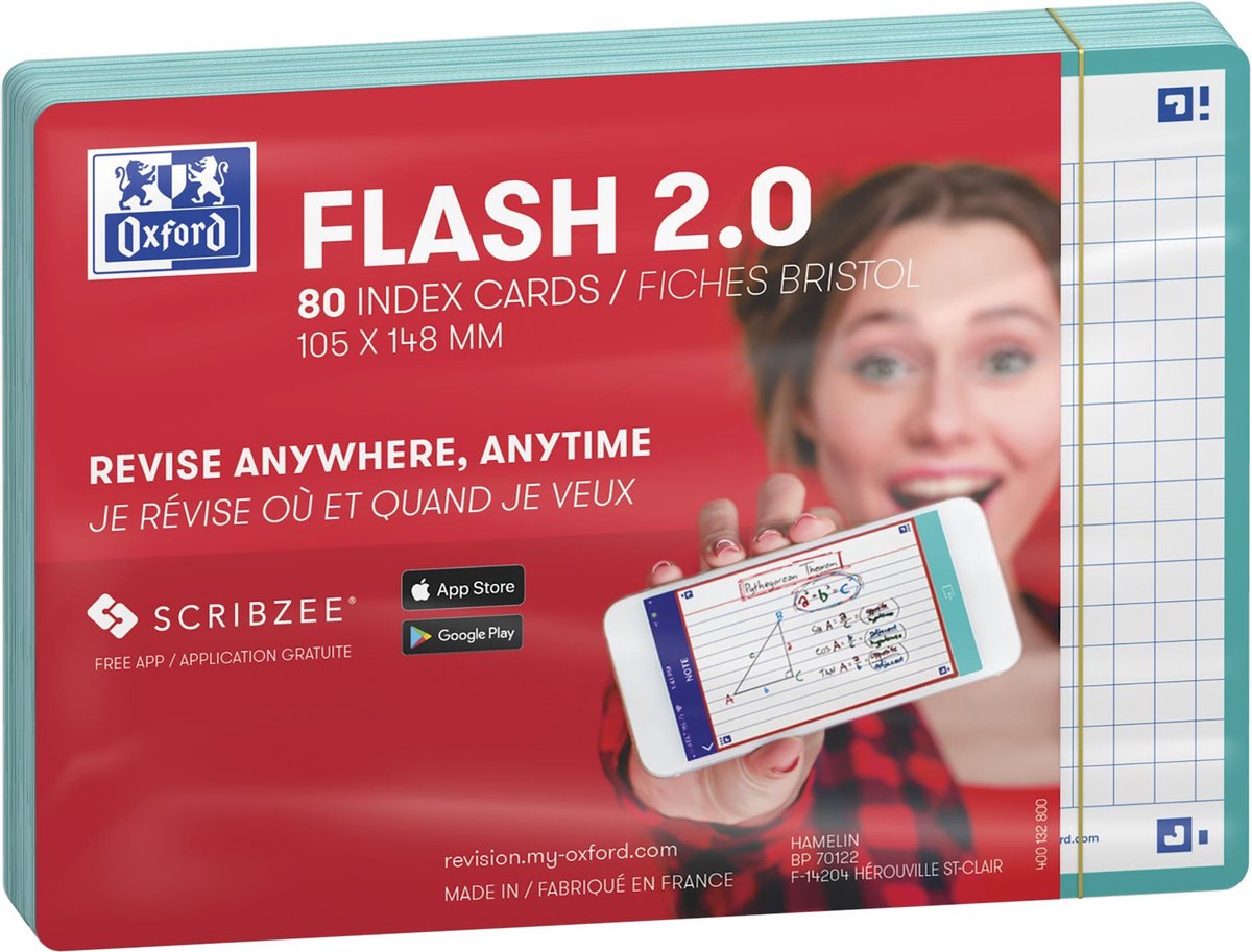 Oxford flash 2.0 - flashcards - geruit 5mm - a6 - mint groene rand - 80 stuks