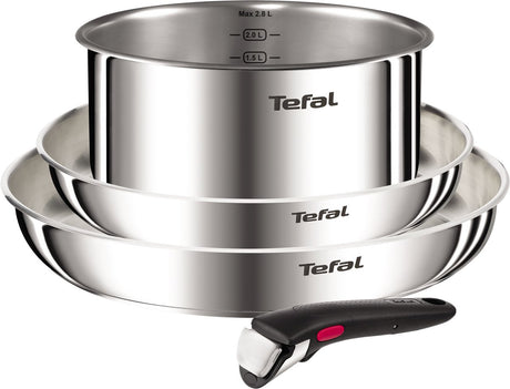 Tefal Ingenio Emotion L896S453 – 4-częściowy zestaw patelni – stal nierdzewna 2 patelnie 1 rondel – wyjmowany uchwyt – możliwość układania w stosy – nadaje się do indukcji – można używać w piekarniku – kompaktowe naczynia kuchenne
