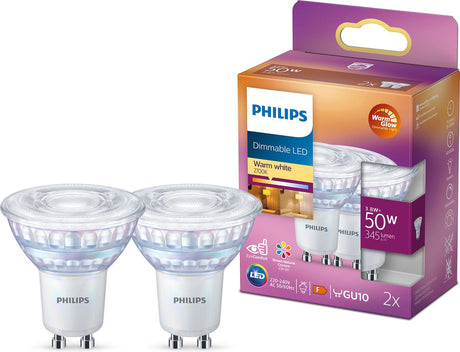 Energooszczędny punktowy punkt LED Philips - 50 w - gu10 - ściemniane ciepłe białe światło - 2 sztuki - oszczędzaj na kosztach energii